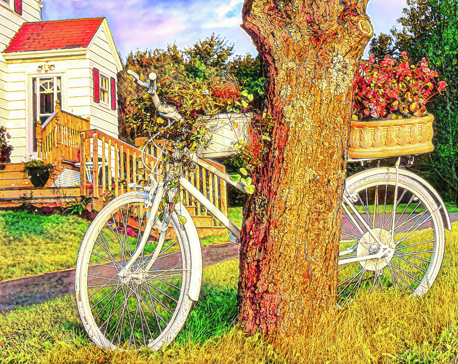 Vintage Bicycle by Tree Photograph - Bike with flowers by Tatiana Travelways