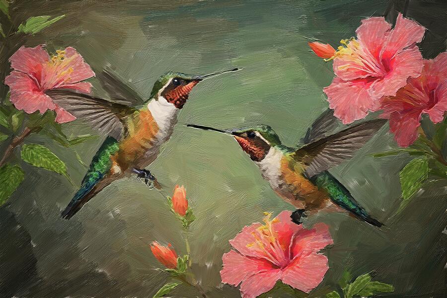 Bird painting of hummingbirds pollinating rose mallow flowers Digital Art by Nature Oil Painting