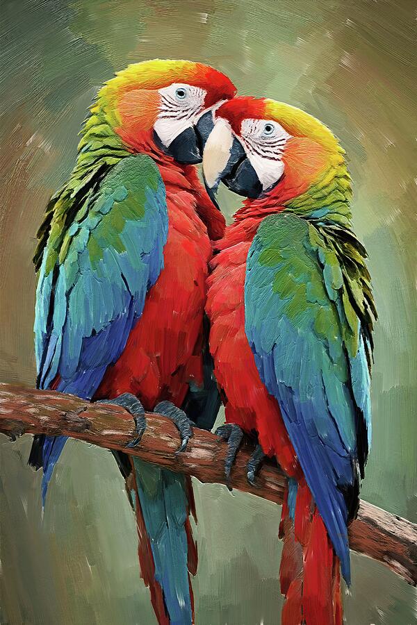 Bird painting of two colorful macaw parrots couple Digital Art by Nature Oil Painting