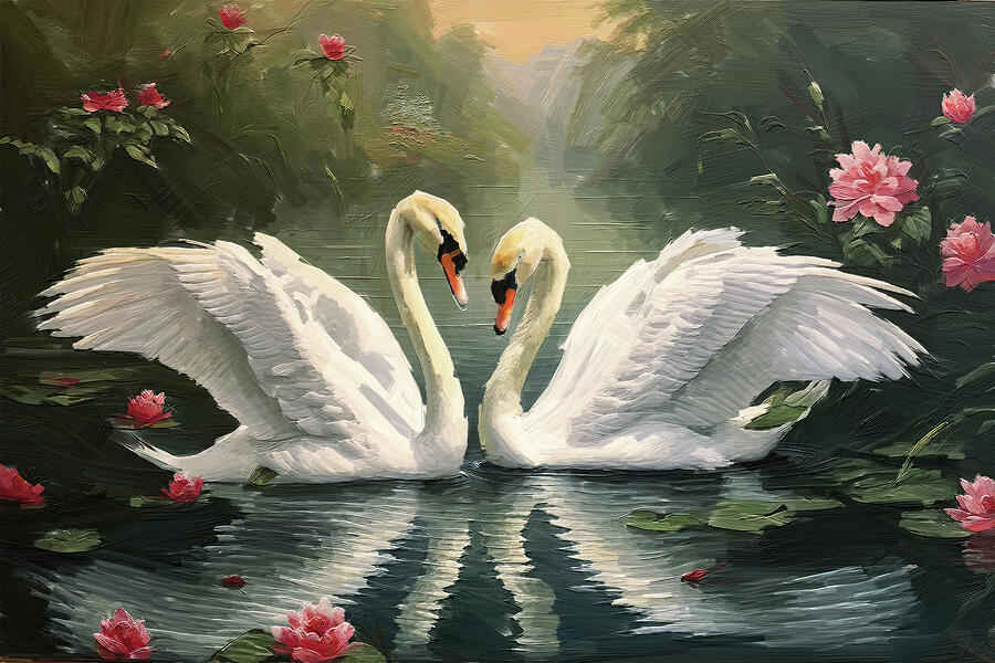 Graceful Swans in a Tranquil Pond Digital Art - Swan Oil Painting on Canvas by Nature Oil Painting