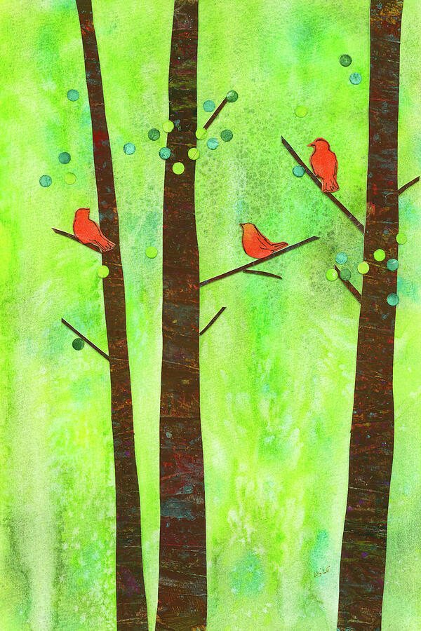 Birds in a summer forest paper collage by Karen Kaspar
