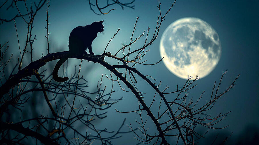Black Cat Under A Full Moon Photograph by Printed View