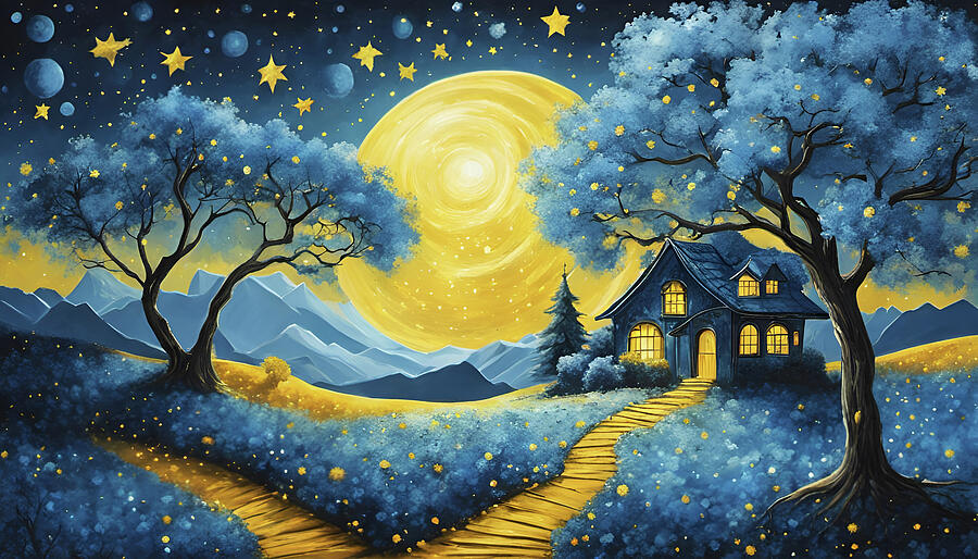 Blue and Yellow Futurism Landscape Digital Art by Deb Beausoleil