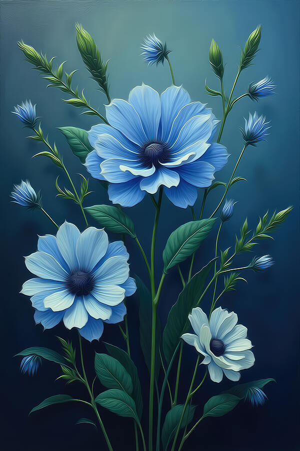 Elegant Blue Flowers Digital Art - Blue Flax Wall Art Floral Oil Painting by Nature Oil Painting