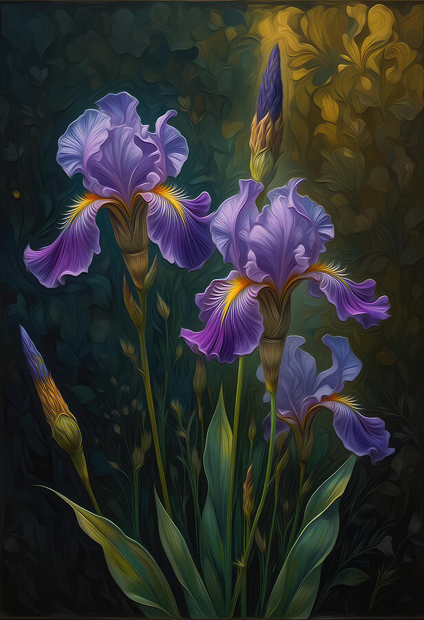 Vibrant Purple Irises Bloom Digital Art - Blue Iris Oil Painting by Nature Oil Painting