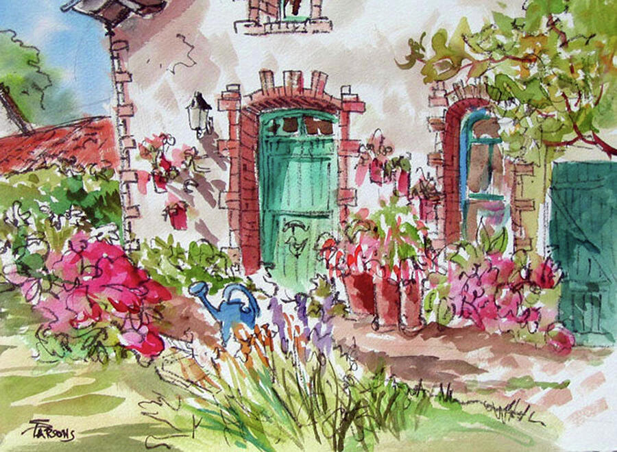 Blue Watering Can at La Petit Ferme Painting by Sheila Parsons