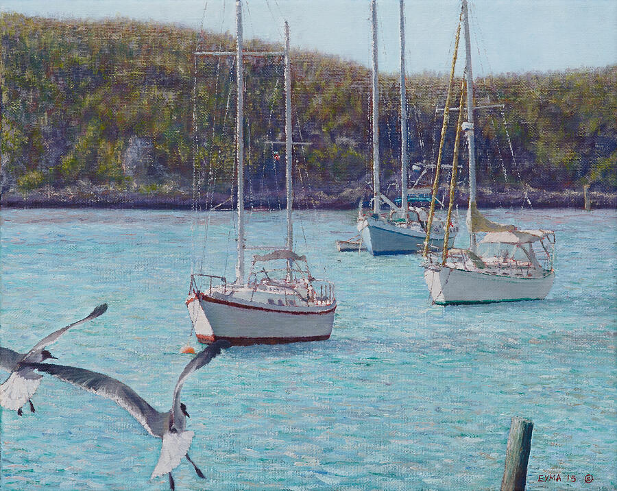 Boats in Little Harbour - Abaco, Bahamas Painting by Ritchie Eyma