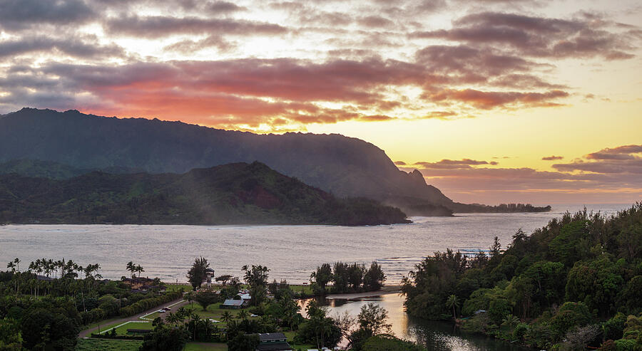Breathtaking aerial view of sunset over Hanalei Bay landscape in Photograph by Steven Heap