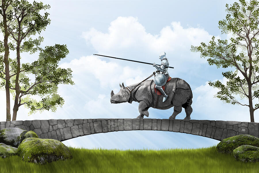 Knight Riding a Rhino on Bridge Digital Art - Brothers in armors by Moira Risen