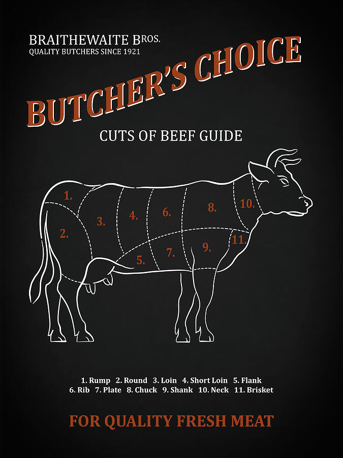 Butchery Guide Cuts Of Beef Photograph by Mark Rogan - Metal Posters