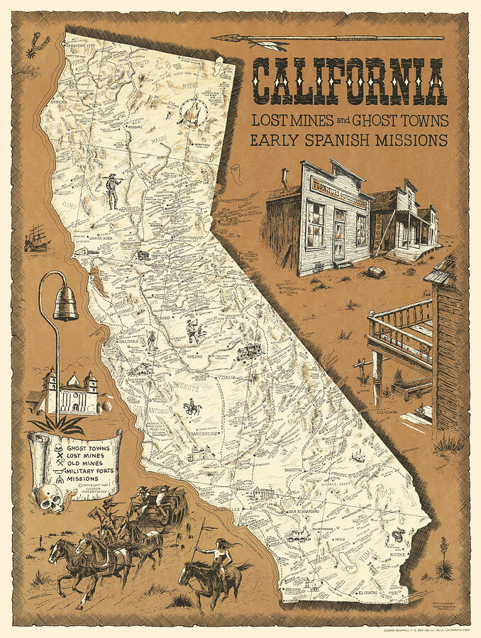 California Lost Mines, Ghost Towns, Early Spanish Missions, Military Forts - Vintage pictorial map Mixed Media by Moira Risen Prints