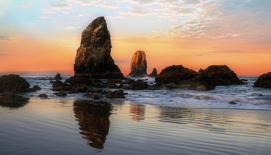 Dramatic Coastal Rock Formations at Sunset Photograph - Cannon Beach Sea Stack Sunset by Dan Sproul