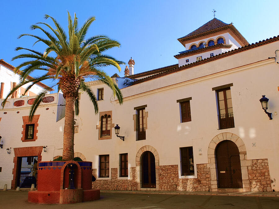 Spanish Colonial Building with Palm Tree Photograph - Casa Rectoral Historic Gothic Stone Facade and Medieval Architecture in Sitges Spain Photograph by Travel Essayist
