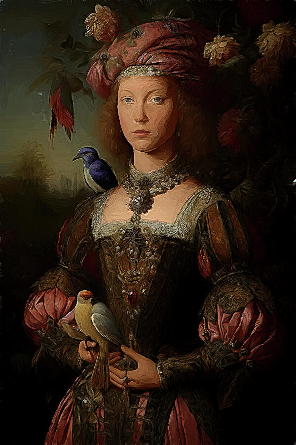 Renaissance Lady with Birds Digital Art - Catalina Sforza Renaisance Style Painting by Nature Oil Painting