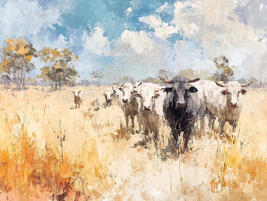 Cattle Art Rural Landscape Open Field Australian Lowline Cattle In A ...