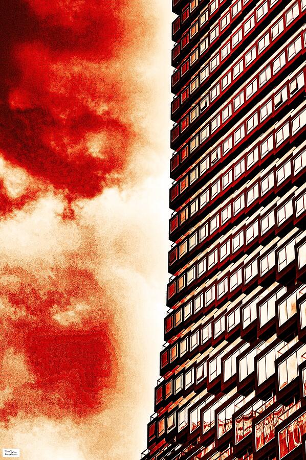 Dramatic Building Against Crimson Sky Photograph - Cgy- Backrise by Alex John Bergerman
