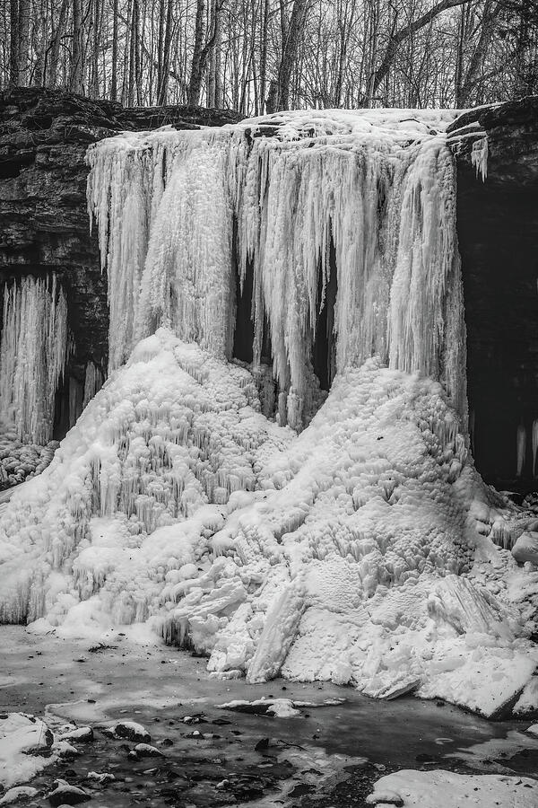 Charleston Falls Ohio Ice Black And White Photograph by Dan Sproul