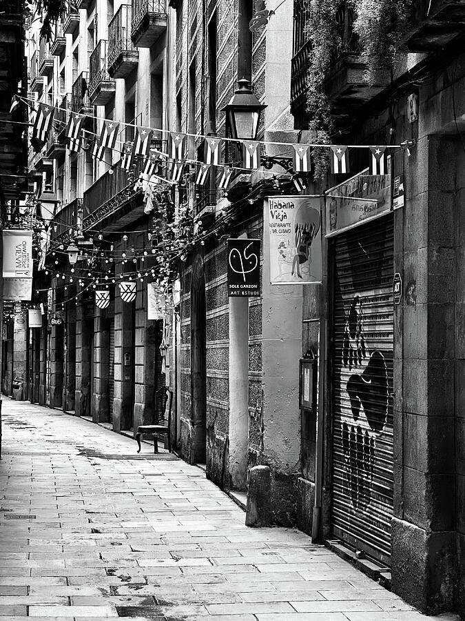 Charming Empty Alley in Black and White Photograph - Charming Black and White Street Scene in Barcelona, Spain by Travel Essayist