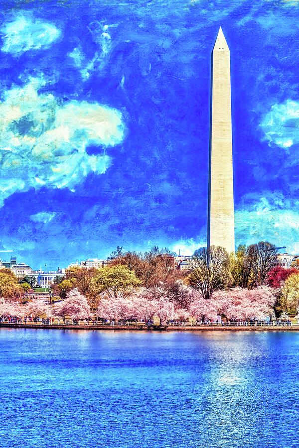 Cherry Blossoms at the Tidal Basin with the Washington Monument and Monets sky Digital Art by Bruce Block