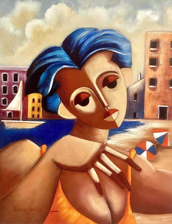 Cubist Woman with Blue Hair Painting - Chica de Costa Azul by Oscar Ortiz