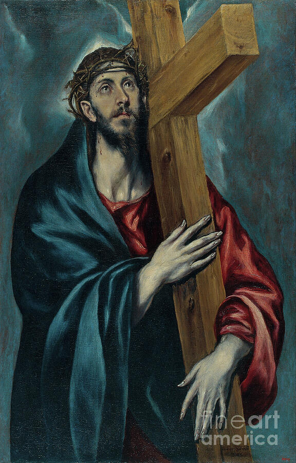 El Greco, Christ Carrying the Cross, 1590-1595: Christ in a red tunic and blue cloak, wearing a crown of thorns, embraces the wooden cross with both hands and looks up against a stormy blue-green sky