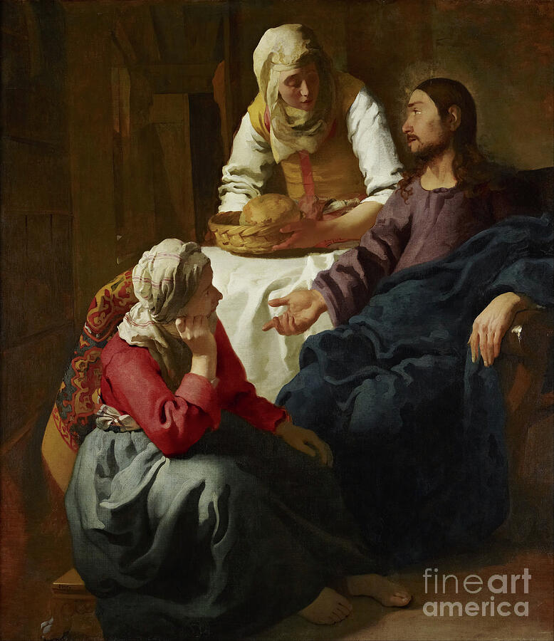 Johannes Vermeer, Christ in the House of Martha and Mary, c. 1654-1655: Martha in a yellow bodice holds a basket of bread behind a white tablecloth, Christ in a purple robe and blue mantle points to Mary, seated in a red blouse with her chin in her hand