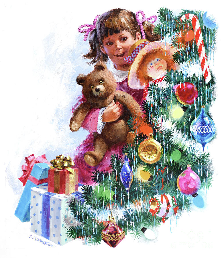 Christmas - Girl Hugging Teddy Bear Painting by Mel Crawford