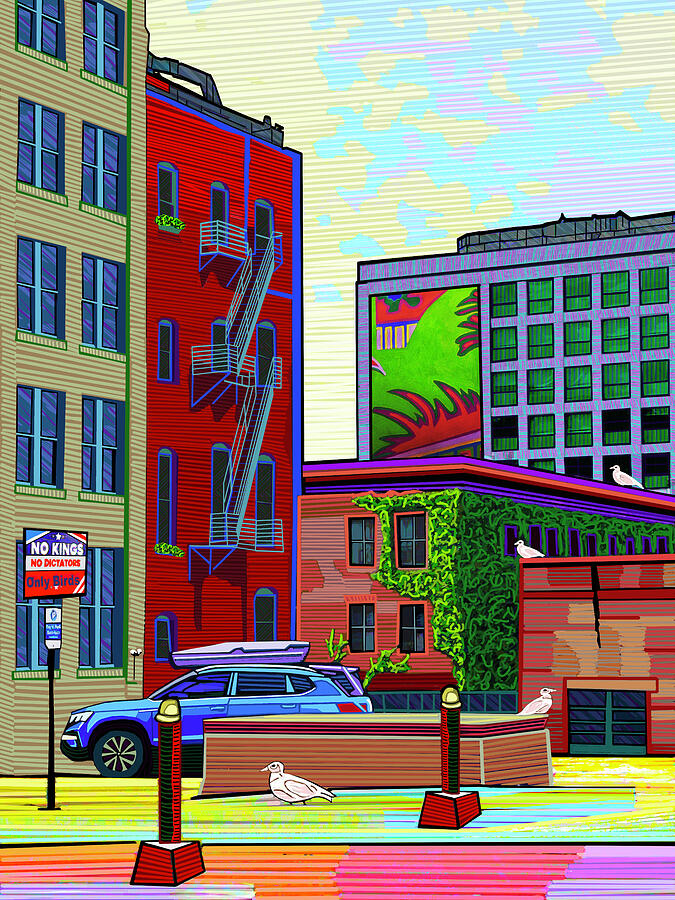 Colorful Urban Street Corner Painting - City Of Birds by Rod Whyte