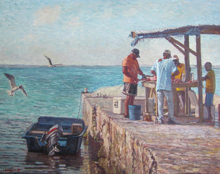Cleaning The Days Catch - Tarpum Bay Bahamas Painting by Ritchie Eyma