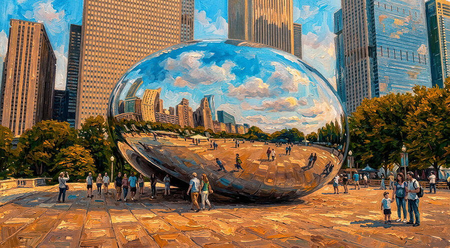 Chicago Cloud Gate in Vibrant Setting Digital Art - Cloud Gate sculpture, and a view to the Prudential Plaza and Aon Center behind it - digital painting by Nicko Prints