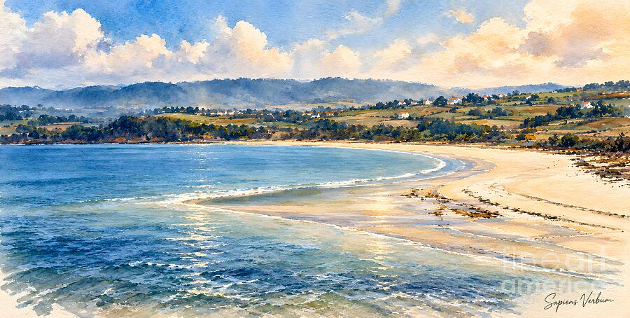 Playa de la Magdalena, Cabanas, across the Eume from Pontedeume, Galicia: a watercolour interpretation of an early 20th-century postcard, with a sweeping curve of sand, calm water and green hills behind