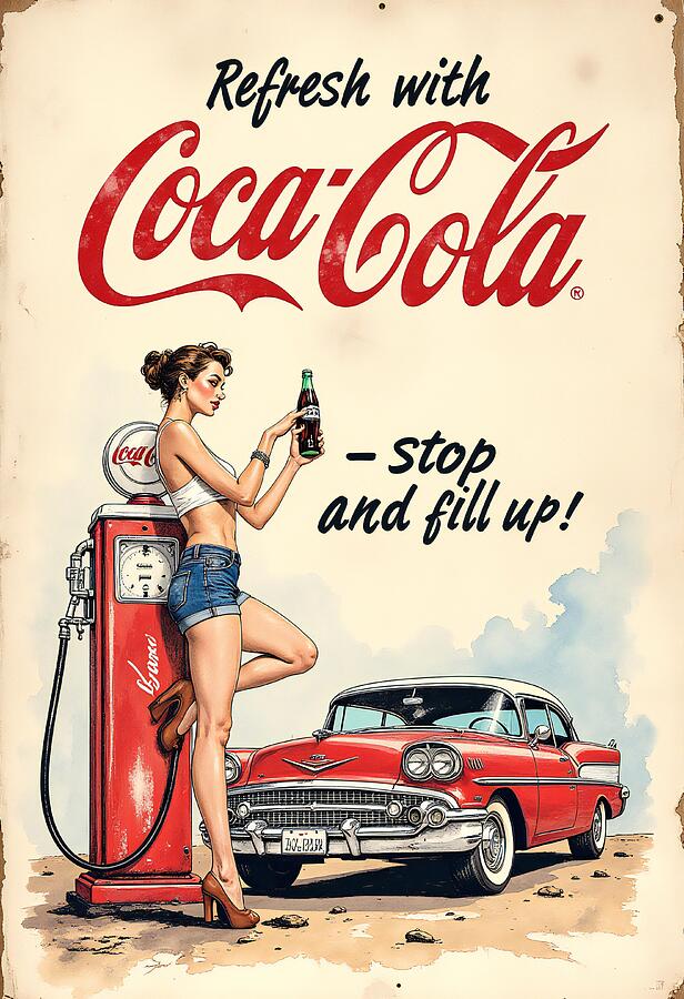 Coca-Cola レトロ広告 フレーム付き Coca-Cola Vintage Gas Station Ad Digital Art by Kevin Walker And