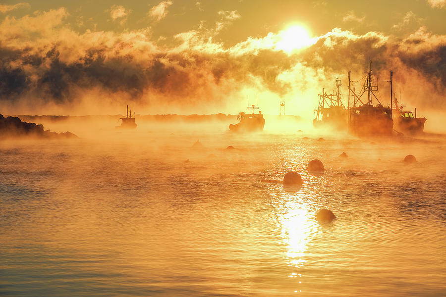 Cold Harbors, Fishing Boats In The Sea Smoke. Photograph by Jeff Sinon