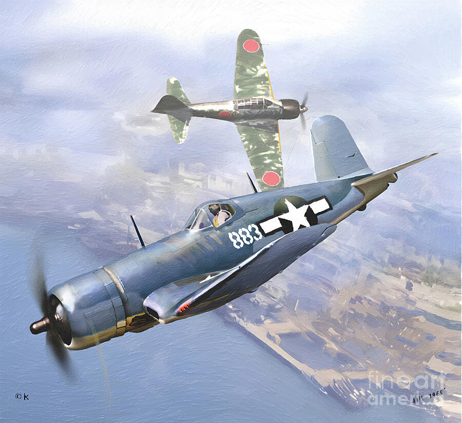 Colonel Gregory -Pappy-  Boyington  Aerial Combat with a Zeke Painting by Antonios Valamontes