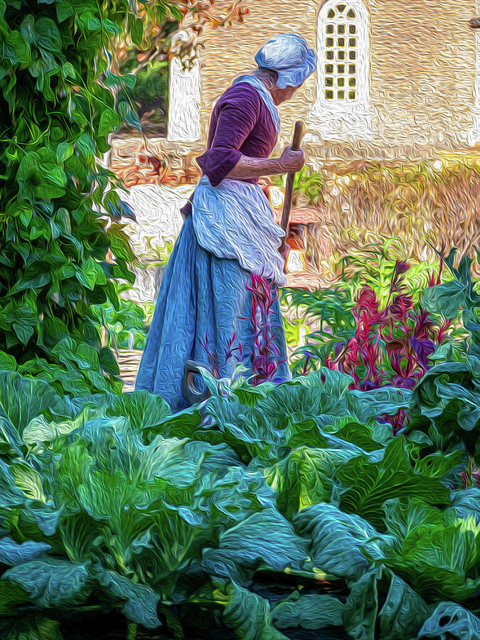 Colonial Woman Gardening 1 - Oil Painting Style Photograph by Rachel Morrison