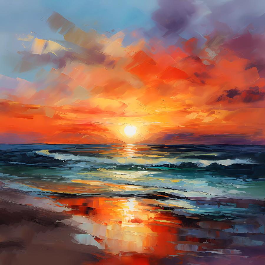 Color beach painting using warm hues to represent a beautiful sunrise over a beach No 1 Digital Art by Andre Petrov