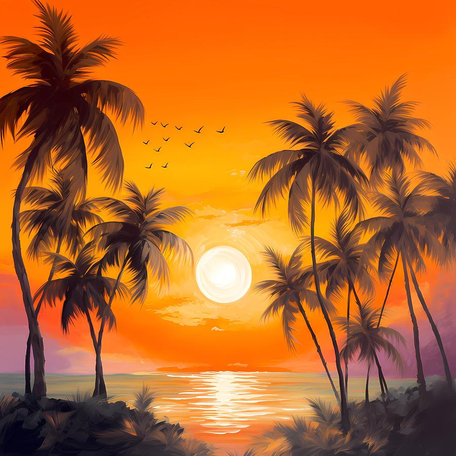 Color beach painting with palm trees using warm hues to convey the beauty of sunrise No 1 Digital Art by Andre Petrov