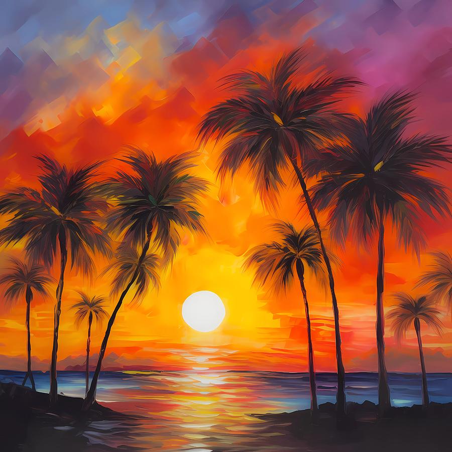 Color beach painting with palm trees using warm hues to convey the beauty of sunrise No3 Digital Art by Andre Petrov