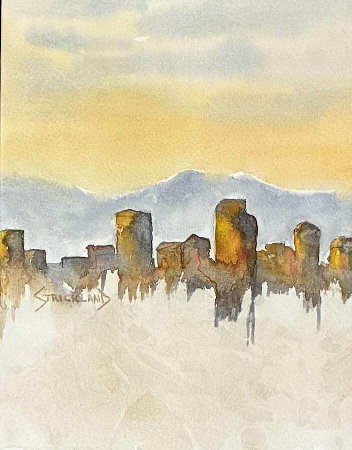 Misty City Skyline at Dawn Painting - Colorado Roots by Judy Strickland