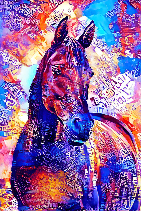 Colorful Arabian horse portrait in blue and violet Digital Art by Nicko Prints