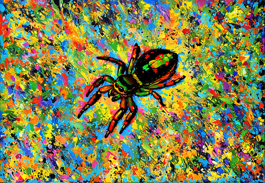 Colorful jumping spider on a vibrant background - digital painting Digital Art by Nicko Prints
