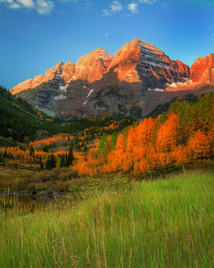 Colorful Maroon Bells Autumn Morning Landscape Photograph by Dan Sproul