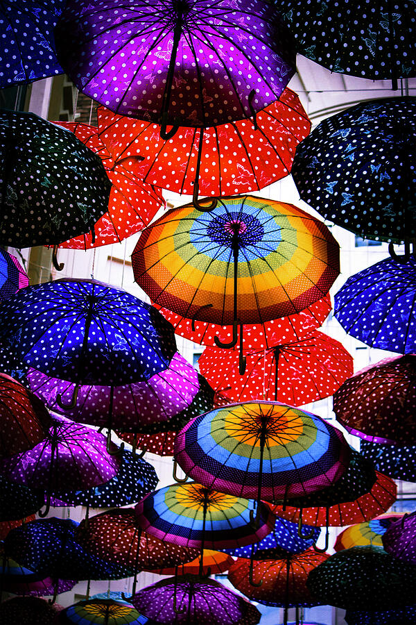 Colourful Umbrellas Hanging From Above Photograph by Printed View