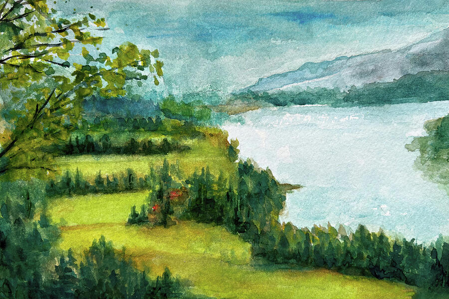 Serene Lakeside Landscape Painting - Columbia River Gorge - Oregon Spring Watercolor by Tatiana Travelways