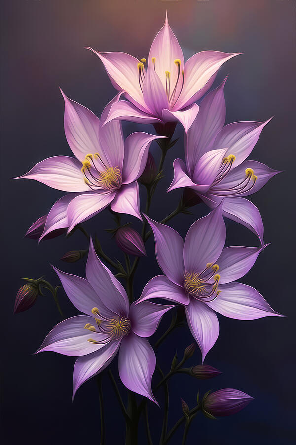 Elegant Lilies in Bloom Digital Art - Columbine Wall Art Floral Oil Painting by Nature Oil Painting