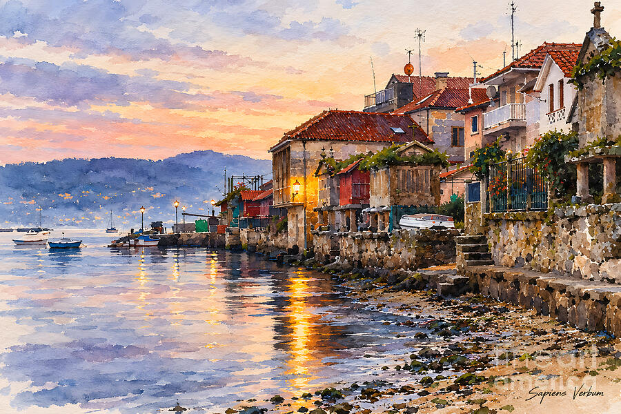 Combarro at Dusk, Galicia, fine-art watercolor by Sapiens Verbum