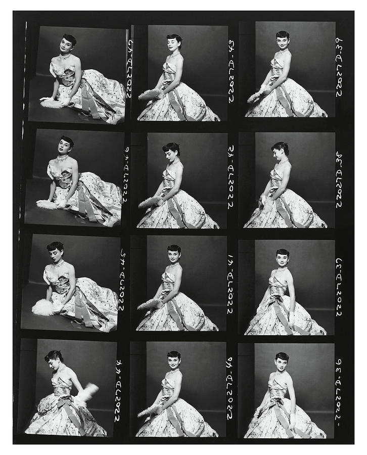 Elegant Fashion Shoot Contact Sheet Photograph - Contact Print of Audrey Hepburn Wearing An Adrian Dress by Richard Rutledge
