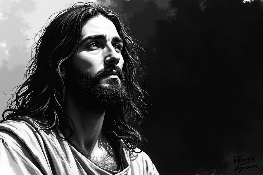 Contemplative Jesus Christ Christian Wall Art Faith Home Decor Black and White Illustration Digital Art by Reeves Abram - Pastor Reeves Studio - Metal Posters