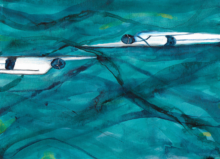 Boy Girl Swim Dark Blue Horizontal Mixed Media by Mary Conner