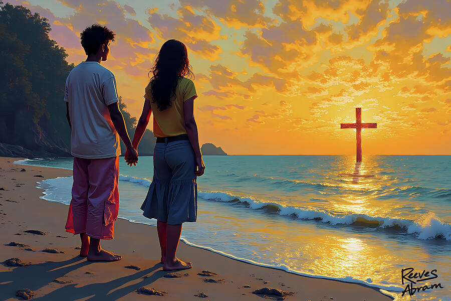 Couple Witnessing Sunset Cross Digital Art by Reeves Abram - Pastor Reeves Studio - Metal Posters